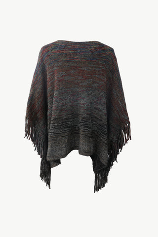 Shop Round Neck Fringe Detail Poncho - High-Quality U.S. Made Women’s Fashion with Free Fast Shipping