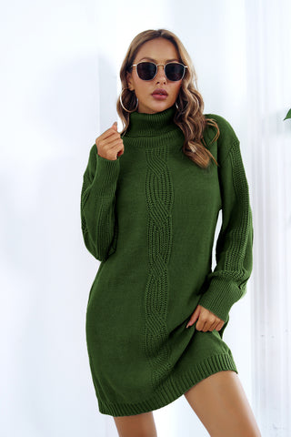 Shop Green Openwork Turtleneck Long Sleeve Sweater Dress - High-Quality U.S. Made Women’s Fashion with Free & Fast Shipping