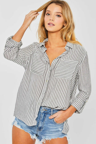 Shop Love Tree Striped Collared Neck Long Sleeve Shirt - High-Quality U.S. Made Women’s Fashion with Free & Fast Shipping