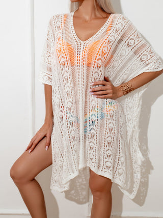 Shop Openwork V-Neck Half Sleeve Cover-Up - High-Quality U.S. Made Women’s Fashion with Free & Fast Shipping