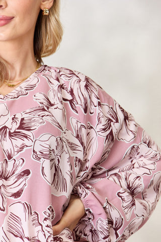 Shop Heimish Full Size Floral V-Neck Balloon Sleeve Blouse - High-Quality U.S. Made Women’s Fashion with Free & Fast Shipping