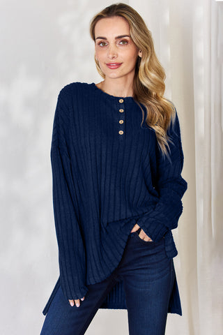 Shop Dark Blue Basic Bae Full Size Ribbed Half Button Long Sleeve High-Low T-Shirt - High-Quality U.S. Made Women’s Fashion with Free & Fast Shipping