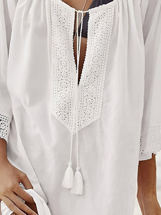 Shop Lace Detail Tie Neck Three-Quarter Sleeve Cover Up - High-Quality U.S. Made Women’s Fashion with Free & Fast Shipping