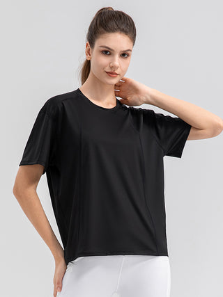 Shop Black Round Neck Short Sleeve Active Top - High-Quality U.S. Made Women’s Fashion with Free & Fast Shipping