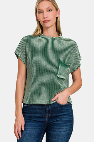 Shop Dk Green Zenana Washed Mock Neck Short Sleeve Cropped Sweater - High-Quality U.S. Made Women’s Fashion with Free & Fast Shipping