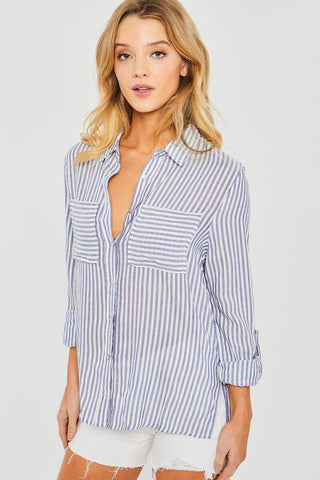 Shop Love Tree Striped Collared Neck Long Sleeve Shirt - High-Quality U.S. Made Women’s Fashion with Free & Fast Shipping