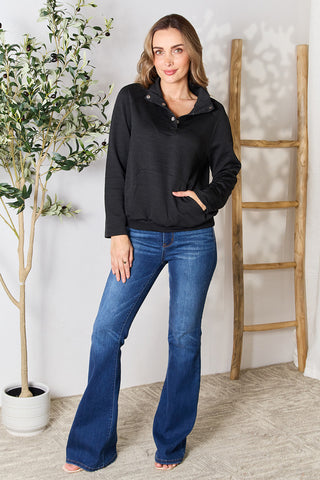 Shop Half Buttoned Collared Neck Sweatshirt with Pocket - High-Quality U.S. Made Women’s Fashion with Free & Fast Shipping