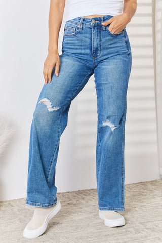 Shop Medium Judy Blue Full Size High Waist Distressed Straight-Leg Jeans - High-Quality U.S. Made Women’s Fashion with Free & Fast Shipping