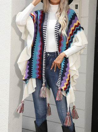 Shop Striped Open Front Poncho with Tassels - High-Quality U.S. Made Women’s Fashion with Free Fast Shipping