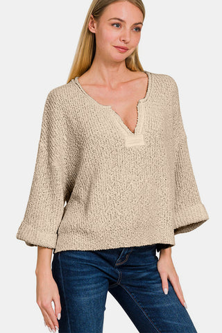 Shop Zenana Notched Side Slit Patch Sweater - High-Quality U.S. Made Women’s Fashion with Free & Fast Shipping