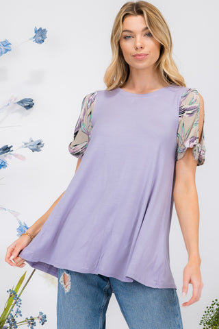 Shop Lilac Celeste Full Size Open Tie Sleeve Round Neck Blouse - High-Quality U.S. Made Women’s Fashion with Free & Fast Shipping