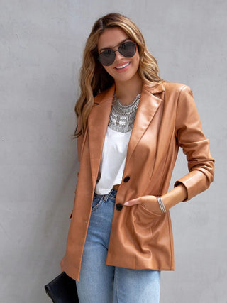 Shop Tan Faux Leather Button Up Long Sleeve Blazer - High-Quality U.S. Made Women’s Fashion with Free & Fast Shipping