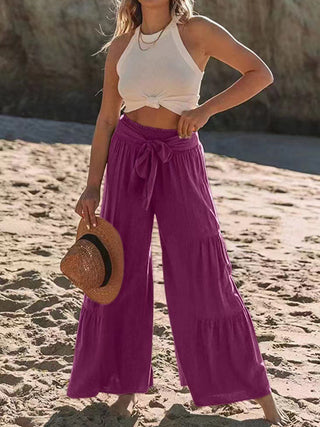 Shop Deep Purple Tied Ruched Wide Leg Pants - High-Quality U.S. Made Women’s Fashion with Free & Fast Shipping