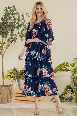 Shop Celeste Full Size Floral Ruffle Tiered Midi Dress - High-Quality U.S. Made Women’s Fashion with Free & Fast Shipping