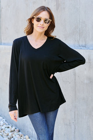 Shop Black Basic Bae Full Size V-Neck Long Sleeve Top - High-Quality U.S. Made Women’s Fashion with Free & Fast Shipping