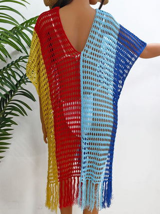 Shop Fringe Color Block Scoop Neck Cover Up - High-Quality U.S. Made Women’s Fashion with Free Fast Shipping