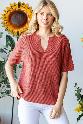 Shop First Love Notched Short Sleeve Knit Top - High-Quality U.S. Made Women’s Fashion with Free & Fast Shipping