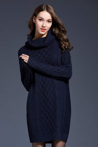 Shop Navy Woven Right Full Size Mixed Knit Cowl Neck Dropped Shoulder Sweater Dress - High-Quality U.S. Made Women’s Fashion with Free & Fast Shipping