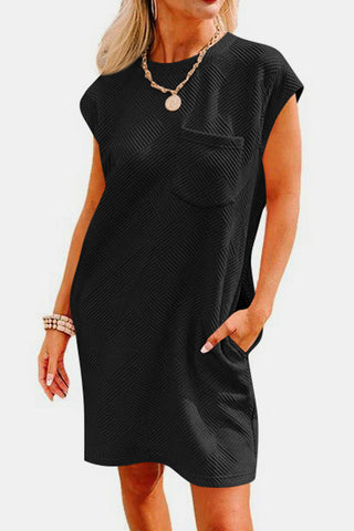 Shop Black Textured Round Neck Cap Sleeve Dress - High-Quality U.S. Made Women’s Fashion with Free & Fast Shipping