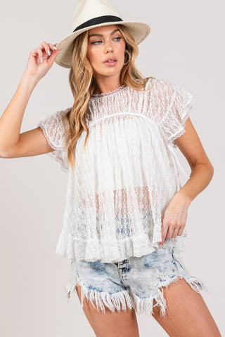 Shop SAGE + FIG Round Neck Short Sleeve Lace Blouse - High-Quality U.S. Made Women’s Fashion with Free & Fast Shipping