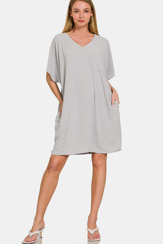 Shop Zenana V-Neck Tee Dress with Pockets - High-Quality U.S. Made Women’s Fashion with Free & Fast Shipping