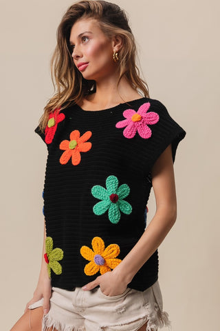 Shop BiBi Flower Round Neck Cap Sleeve Knit Top - High-Quality U.S. Made Women’s Fashion with Free & Fast Shipping