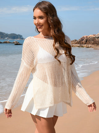 Shop Openwork Slit Boat Neck Long Sleeve Cover-Up - High-Quality U.S. Made Women’s Fashion with Free & Fast Shipping