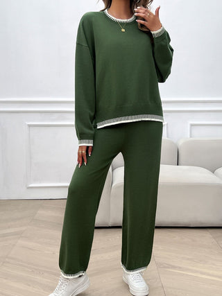 Shop Army Green Round Neck Dropped Shoulder Top and Pants Sweater Set - High-Quality U.S. Made Women’s Fashion with Free & Fast Shipping