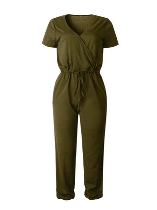 Shop Shiny Drawstring Surplice Short Sleeve Jumpsuit - High-Quality U.S. Made Women’s Fashion with Free & Fast Shipping