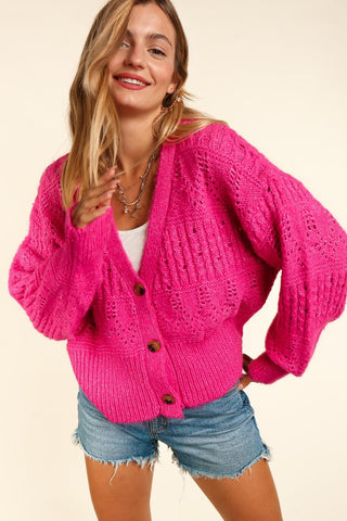 Shop Fuchsia Haptics Full Size Button Down Crop Long Sleeve Cardigan - High-Quality U.S. Made Women’s Fashion with Free & Fast Shipping