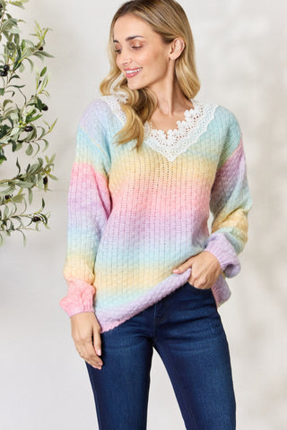 Shop BiBi Rainbow Gradient Crochet Deetail Sweater - High-Quality U.S. Made Women’s Fashion with Free & Fast Shipping