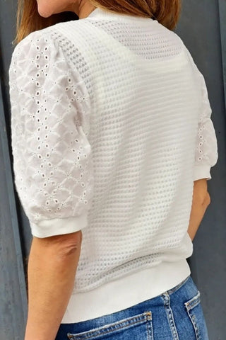 Shop Eyelet Round Neck Half Sleeve Blouse Now On Klozey Store - Trendy U.S. Premium Women Apparel & Accessories And Be Up-To-Fashion!