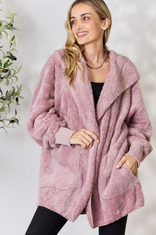 Shop H&T Faux Fur Open Front Hooded Jacket - High-Quality U.S. Made Women’s Fashion with Free & Fast Shipping