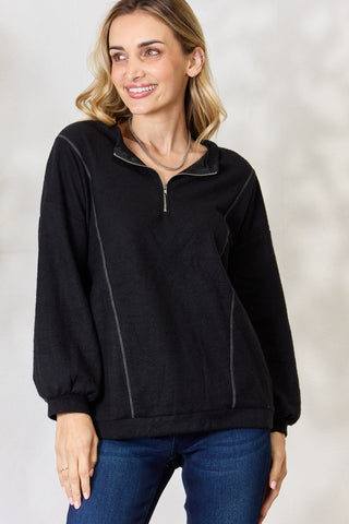 Shop Black BiBi Half Zip Brushed Terry Long Sleeve Top - High-Quality U.S. Made Women’s Fashion with Free & Fast Shipping