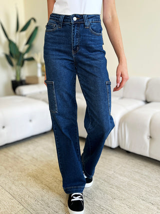 Shop Dark Judy Blue Full Size High Waist Straight Cargo Jeans - High-Quality U.S. Made Women’s Fashion with Free & Fast Shipping