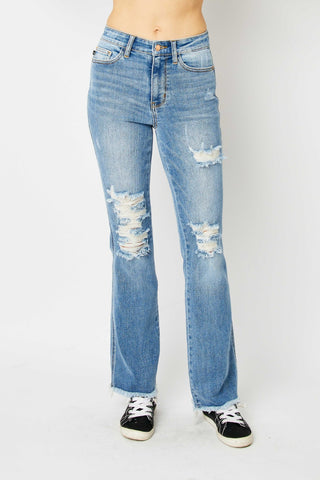 Shop Judy Blue Full Size Distressed Raw Hem Bootcut Jeans - High-Quality U.S. Made Women’s Fashion with Free & Fast Shipping