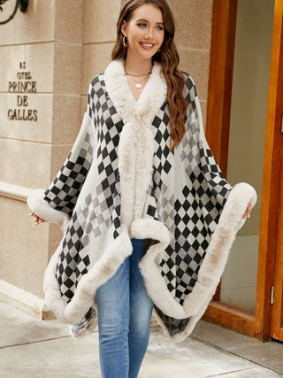 Shop Checkered Faux Fur Trim Poncho - High-Quality U.S. Made Women’s Fashion with Free Fast Shipping