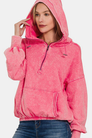 Shop Zenana Drawstring Half Zip Dropped Shoulder Hoodie - High-Quality U.S. Made Women’s Fashion with Free & Fast Shipping