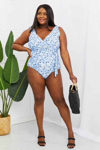 Shop Marina West Swim Full Size Float On Ruffle Faux Wrap One-Piece in Blossom Blue - High-Quality U.S. Made Women’s Fashion with Free Fast Shipping