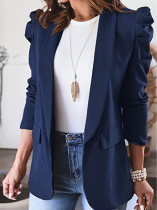 Shop Dark Blue Collared Neck Puff Sleeve Blazer - High-Quality U.S. Made Women’s Fashion with Free & Fast Shipping