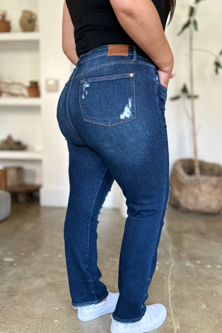 Shop Judy Blue Full Size High Waist Rigid Magic Heavy Destroy Straight Jeans - High-Quality U.S. Made Women’s Fashion with Free & Fast Shipping