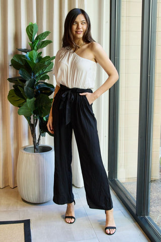 Shop Dress Day Marvelous in Manhattan One-Shoulder Jumpsuit in White/Black - High-Quality U.S. Made Women’s Fashion with Free & Fast Shipping