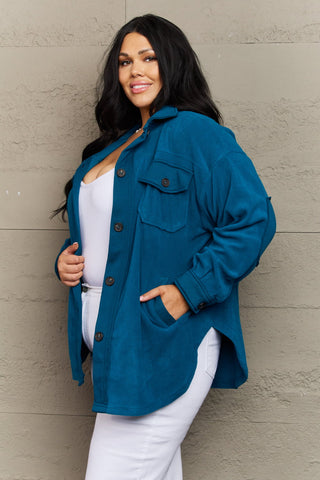 Shop Zenana Cozy in the Cabin Full Size Fleece Elbow Patch Shacket in Teal - High-Quality U.S. Made Women’s Fashion with Free & Fast Shipping