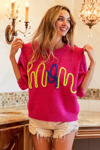 Shop FUCHSIA BiBi MOM Contrast Round Neck Sweater - High-Quality U.S. Made Women’s Fashion with Free & Fast Shipping