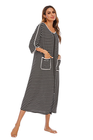 Shop Round Neck Three-Quarter Sleeve Midi Night Dress - High-Quality U.S. Made Women’s Fashion with Free & Fast Shipping