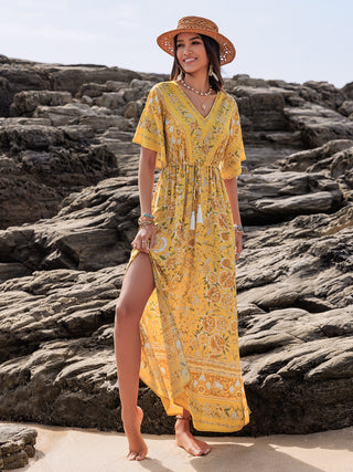 Shop Gold Drawstring Printed Plunge Half Sleeve Dress - High-Quality U.S. Made Women’s Fashion with Free & Fast Shipping