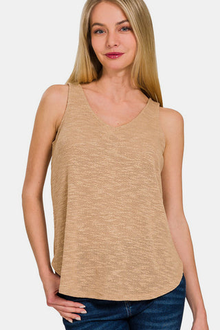 Shop Dk Brush Zenana V-Neck Curved Hem Tank - High-Quality U.S. Made Women’s Fashion with Free & Fast Shipping