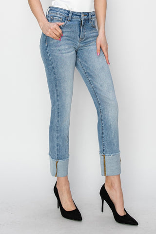 Shop RISEN Full Size High Rise Cuffed Slim Straight Jeans - High-Quality U.S. Made Women’s Fashion with Free & Fast Shipping