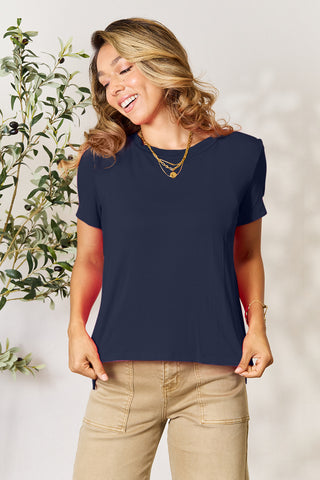 Shop Dark Blue Basic Bae Full Size Round Neck Short Sleeve T-Shirt - High-Quality U.S. Made Women’s Fashion with Free & Fast Shipping