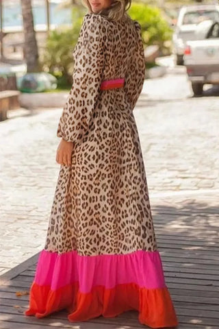 Shop Leopard V-Neck Long Sleeve Maxi Dress - High-Quality U.S. Made Women’s Fashion with Free Fast Shipping